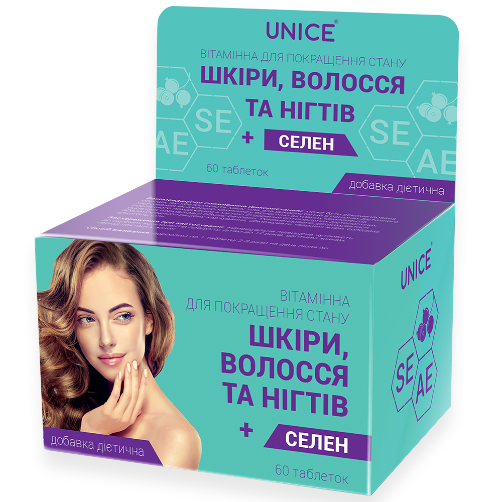 Вітамінна добавка для покращення стану шкіри, волосся та нігтів + селен 60 таблеток Юна про Unice (2343013)