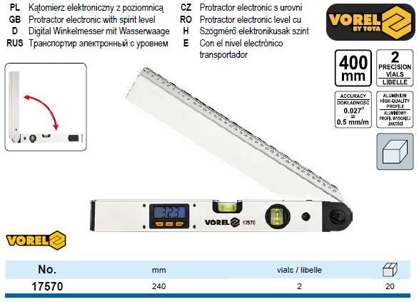 Кутомір електронний кутомір L=40 см дисплей 2 капсули VOREL-17570