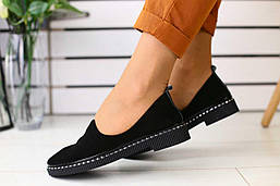 Туфлі жіночі з натуральної замші на плоскій підошві в чорному кольорі