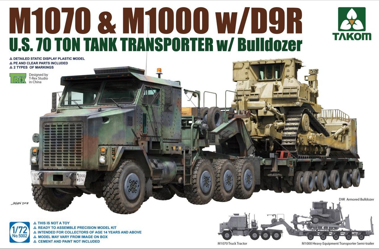 Набір пластикових збірних моделей U.S. M1070&M1000 w/D9R 70 Ton Tank Transporter w/Bulldozer. 1/72 TAKOM 5002