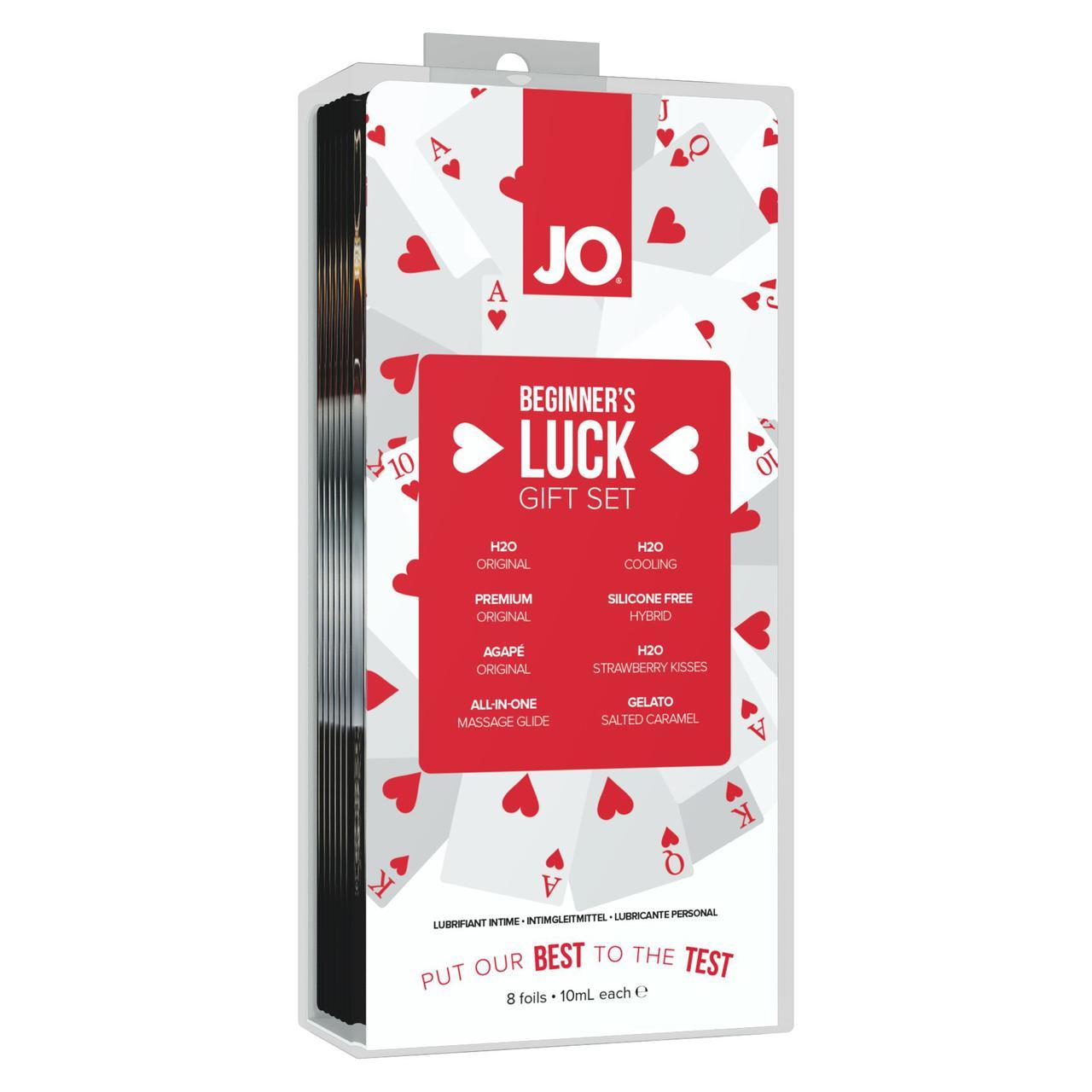 Набір із 8 видів змазок JO Beginner's Luck по 10 мл на водній, силіконовій та гібридній основі