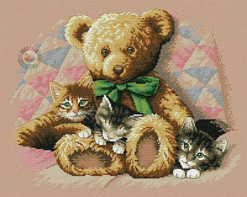 Набір для вишивання хрестиком Ведмедик і кошенята. Розмір: 30*24 см