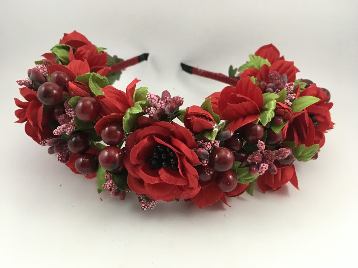 Віночок на голову ручної роботи з вишневими маками, фото 1