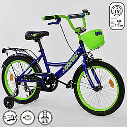 Дитячий двоколісний велосипед синій, додаткові колеса, ручне гальмо Corso 18" дітям 5-7 років