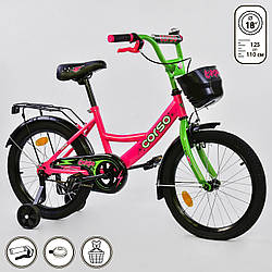 Дитячий двоколісний велосипед рожевий, додаткові колеса, ручне гальмо Corso 18" дітям 5-7 років