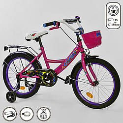 Дитячий двоколісний велосипед малиновий, додаткові колеса, ручне гальмо Corso 18" дітям 5-7 років