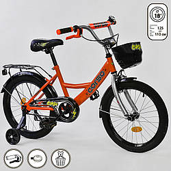 Дитячий двоколісний велосипед помаранчевий, додаткові колеса, ручне гальмо Corso 18" дітям 5-7 років