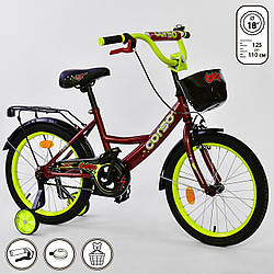 Дитячий двоколісний велосипед бордовий, додаткові колеса, ручне гальмо Corso 18" дітям 5-7 років