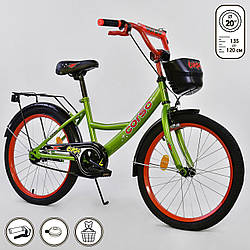 Дитячий двоколісний велосипед зелений, підніжка, ручне гальмо Corso 20" дітям 6-9 років