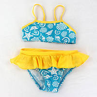 Яркий купальник для малышей раздельный с рюшами и морским рисунком голубой с желтым 12