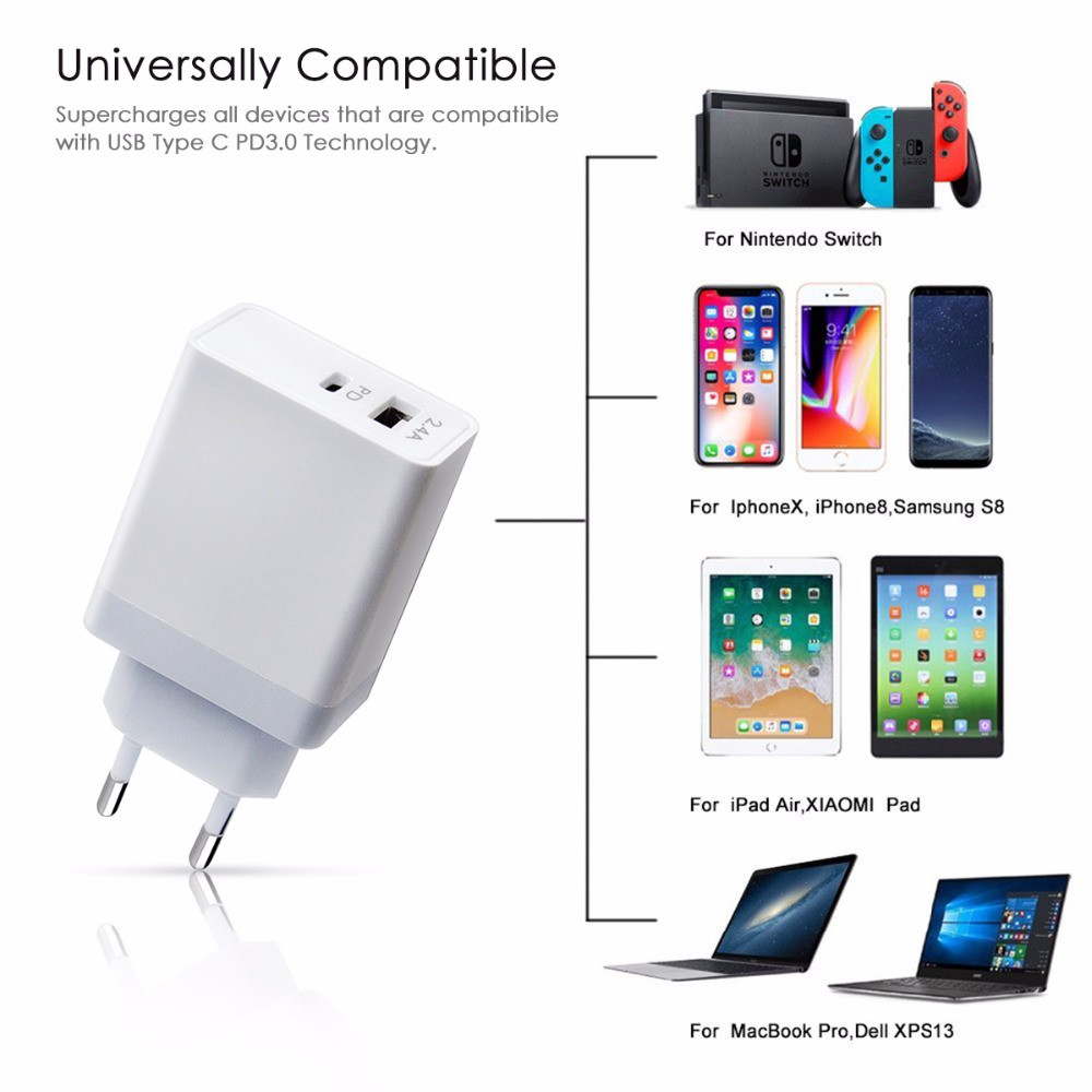 Блок живлення 1xUSB 5v 2.4 a + PD type-C QC3.0 (5v 3a, 9v 3a, 12v 2.5 a, 15v 2a) 30W+12W=42W