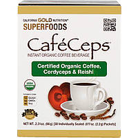 Органический растворимый кофе с кордицепсом и порошком грибов рейши, California Gold Nutrition, 30 пакетиков