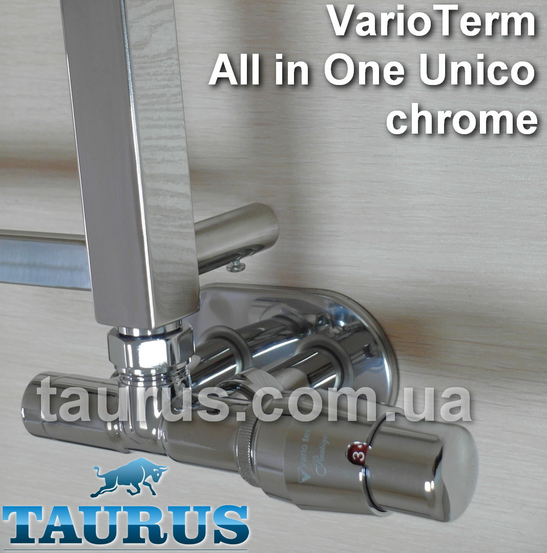 Термостатичний кран VarioTerm ALLinOne Unico chrome. Вхід-вихід на 1 стійці + маскування труб +фланець. Польща