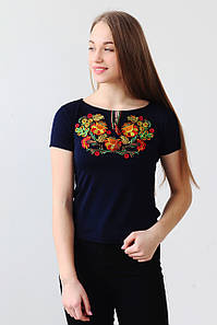 Сучасна вишита жіноча футболка з вишивкою Петриківський розпис А-16