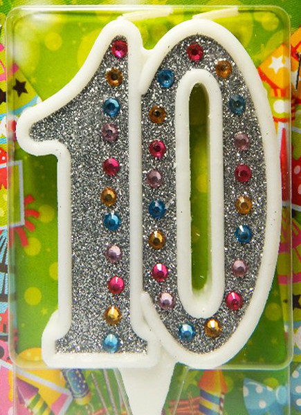 Свічка в торт на ювілей Срібло + стрази з білою окантовкою - 10