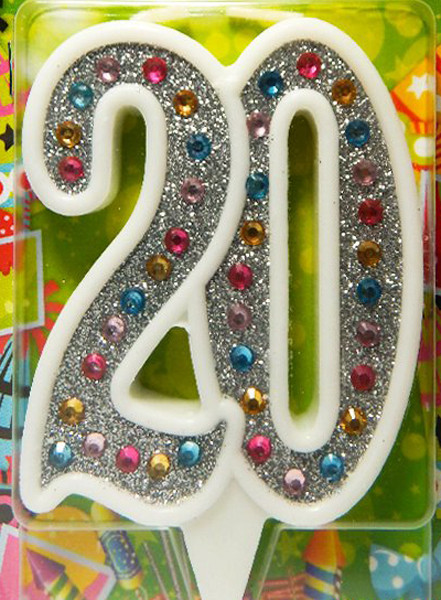 Свічка в торт на ювілей Срібло + стрази з білою окантовкою - 20