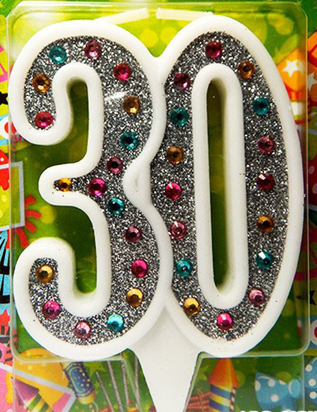 Свічка в торт на ювілей Срібло + стрази з білою окантовкою - 30