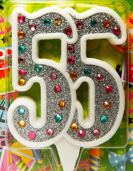 Свічка в торт на ювілей Срібло + стрази з білою окантовкою - 55