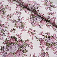 Тканина декоративна з тефлоновим просоченням з букетами рожево-фіолетових троянд