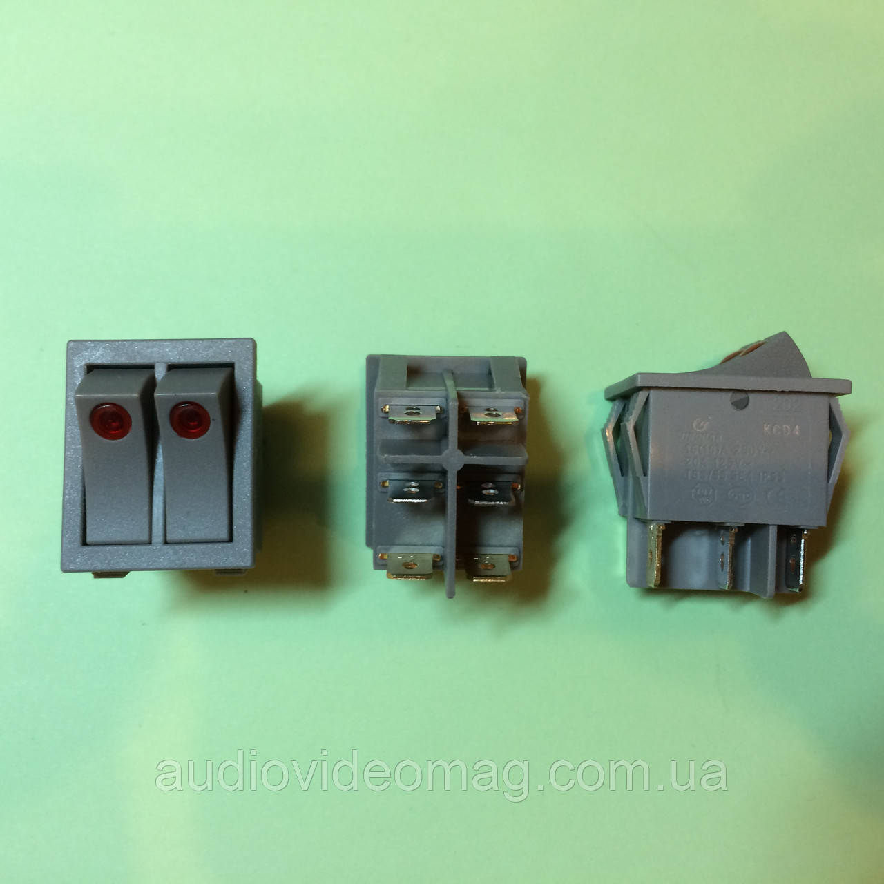 Перемикач клавішний, 16А  250V, здвоєний, 29,0х22 мм, з підсвічуванням, сірий, фото 1