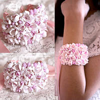 Свадебный браслет с цветами из полимерной глины ручной работы "Бело-розовые фрезии"