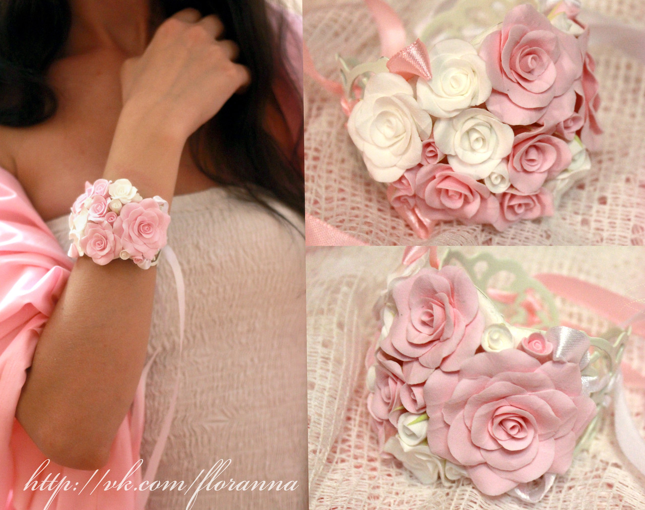 Нежный браслет на руку с цветами из полимерной глины "Бело-розовые розы" - фото 1 - id-p84865161
