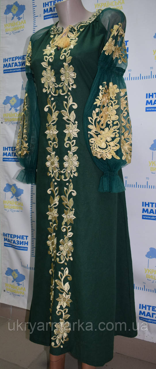 Смарагдова вишита сукня з прозорими рукавами  "Есмеральда"