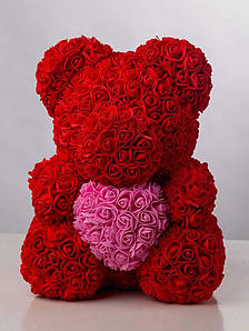 Мишка из роз 40 см с сердцем в подарочной коробке красный