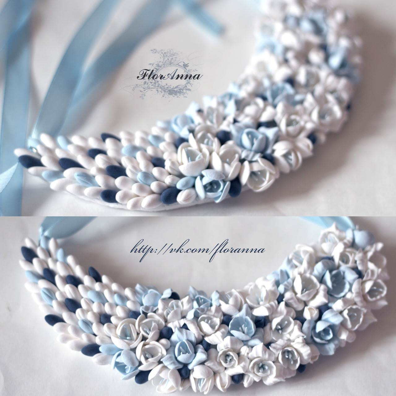 Біло-блакитне кольє з квітами з полімерної глини "Небесна ніжність"