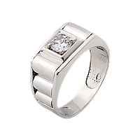 Перстень серебряный мужской с глубоким узором белым фианитом посередине
