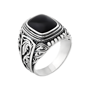 Перстень срібний чоловічій із глибоким візерунком та чорним оніксом