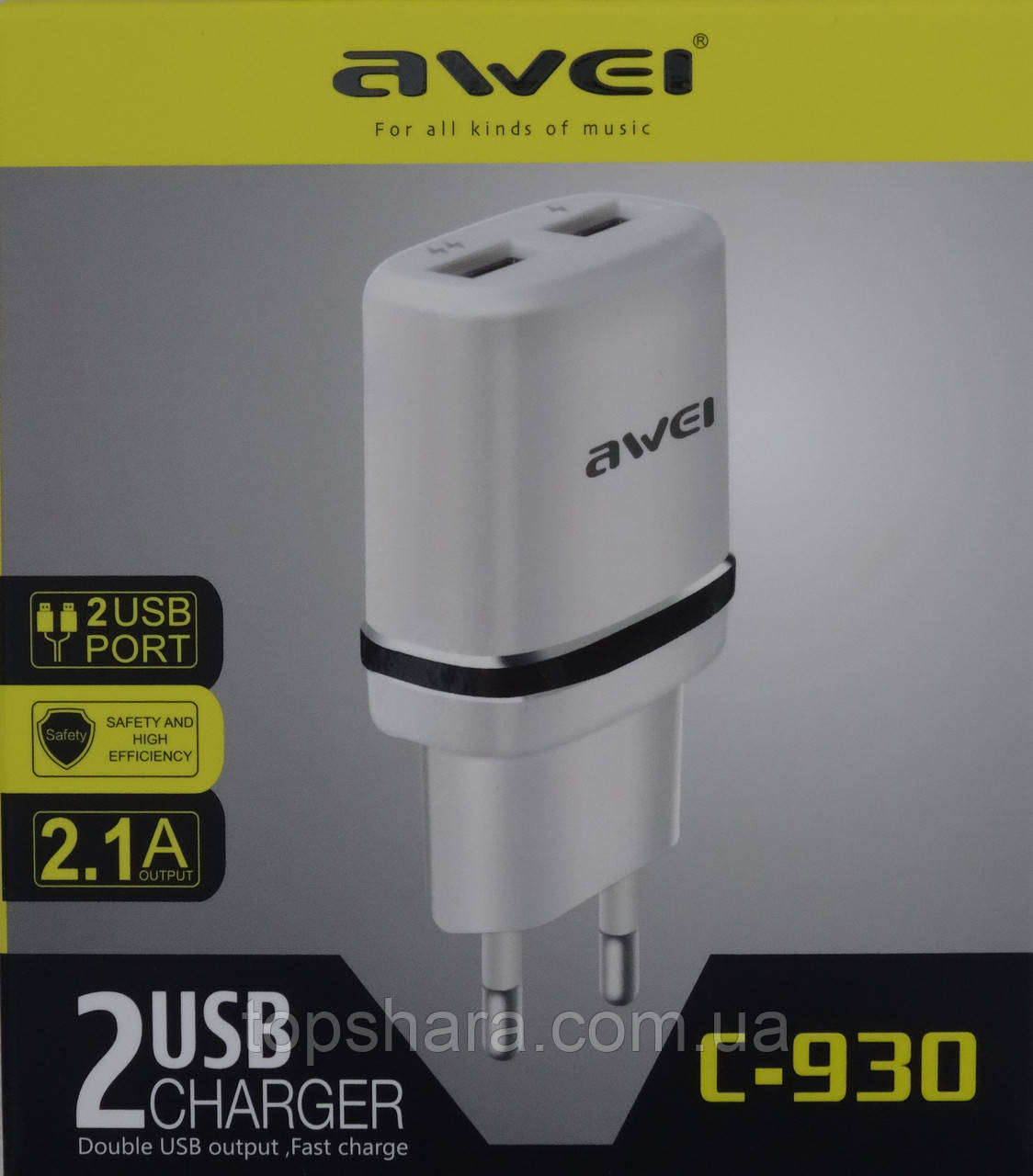 Зарядний пристрій мережевий Awei C-930 (5V/2.1A/2USB) White