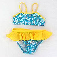Яркий купальник для малышей раздельный с рюшами и морским рисунком голубой с желтым 12