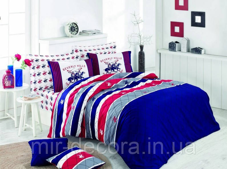Постільна білизна Beverly Hills Polo Club ранфорс BHPC 011 Dark Blue євро, фото 1