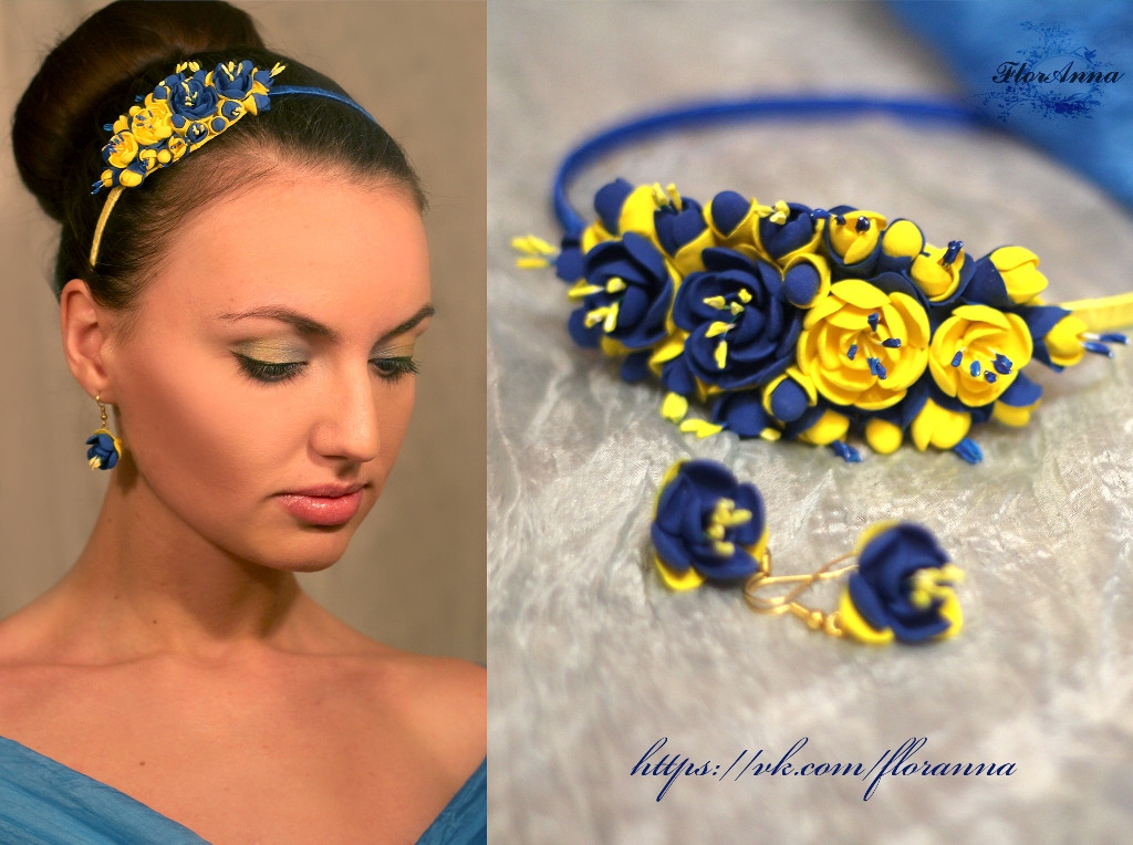 "Жовто-синій жасмин" обруч для волосся +сережки. Комплект прикрас в українському стилі