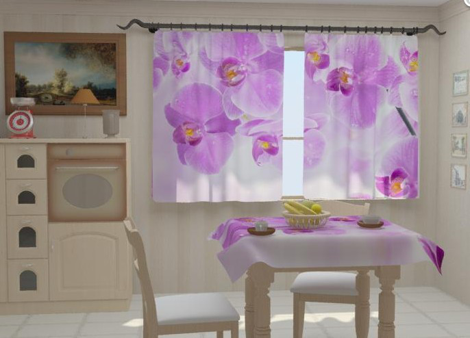 Фотоштори для кухні "Кухня в орхідеях" 150 х 250 см. Фото штори на кухню шторі VE