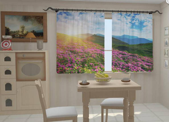 Фотоштори для кухні "Цвіти і гори" 150 х 250 см фото штори на кухню шторі, фото 2