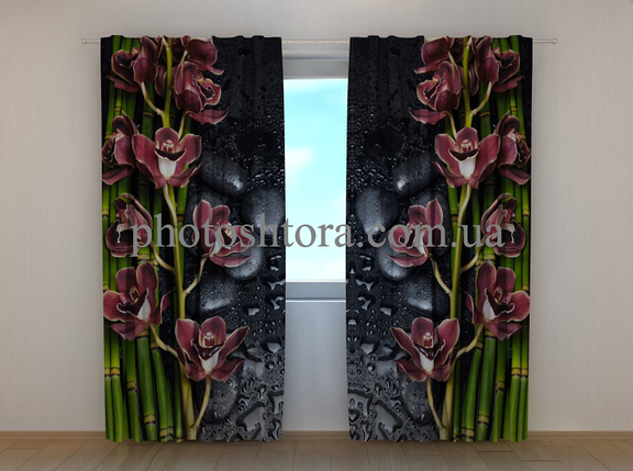 Фотошторы "Орхідеї Бордо" 250 х 260 см квіти фото штори штори з малюнком, фото 2
