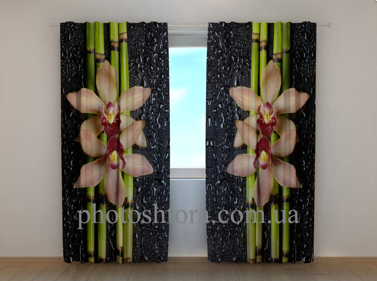 Фотоштори "Бамбук, орхідеї і краплі" 250 х 260 см квіти фото штори з малюнком