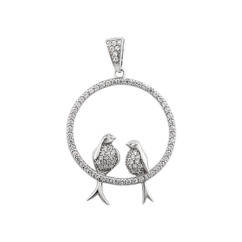 Кулон срібний тематичний дві пташки у колі з білими фіанітами