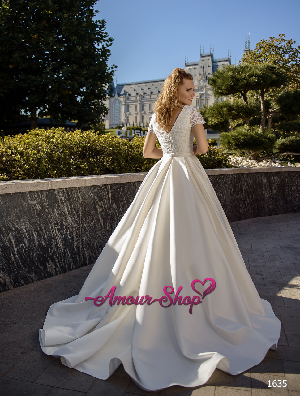 Весільна сукня з атласною з короткими рукавами, фото 1