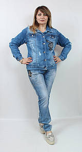 Жіночий джинсовий жакет зі стразами і намистинами, розміри 50-56