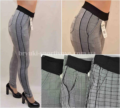 Штани — легінси жіночі картаті з двома тасьмами по зовнішньому шву та на широкому трикотажному поясі М — XXL, фото 1