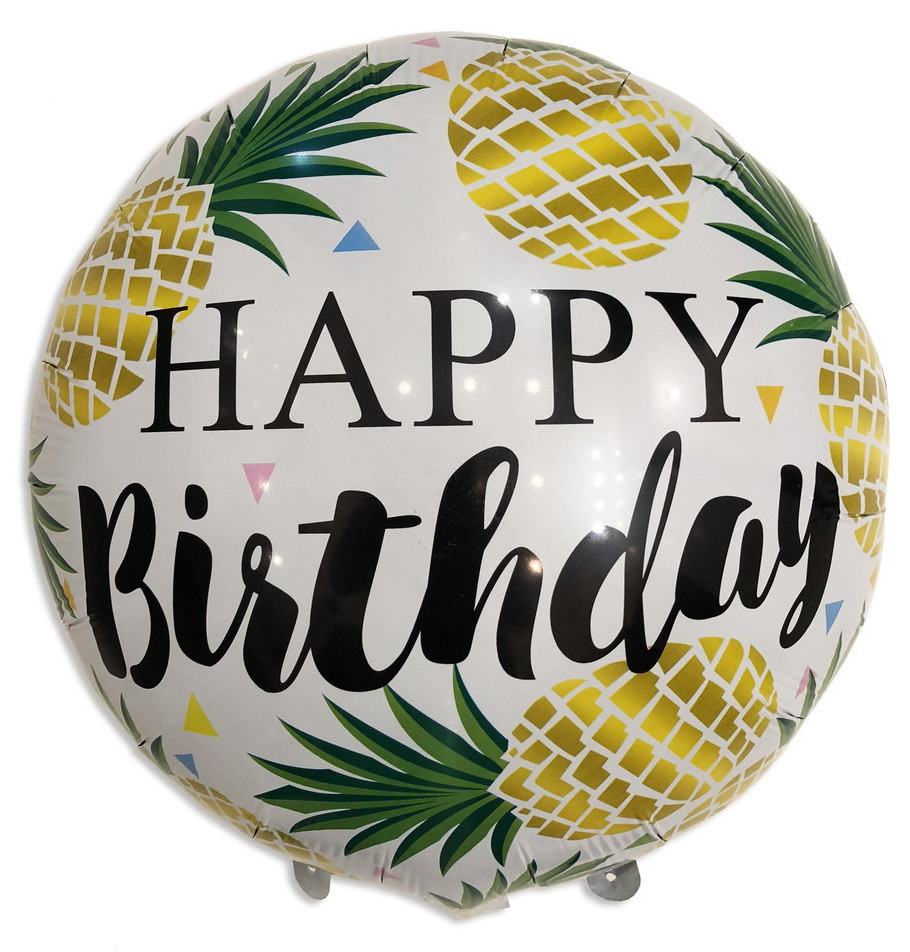 Куля фольгована кругла "Happy Birthday" ананаси. Розмір: 18"(45 см).