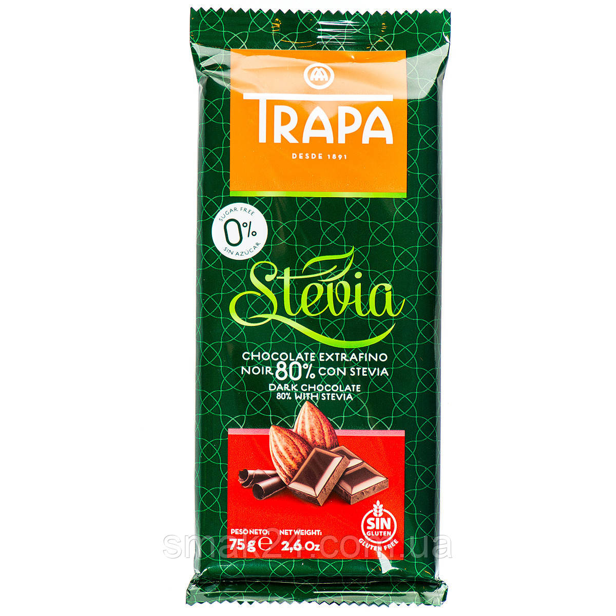 Шоколад чорний без цукру і без глютену Trapa Stevia 80% какао 75г Іспанія