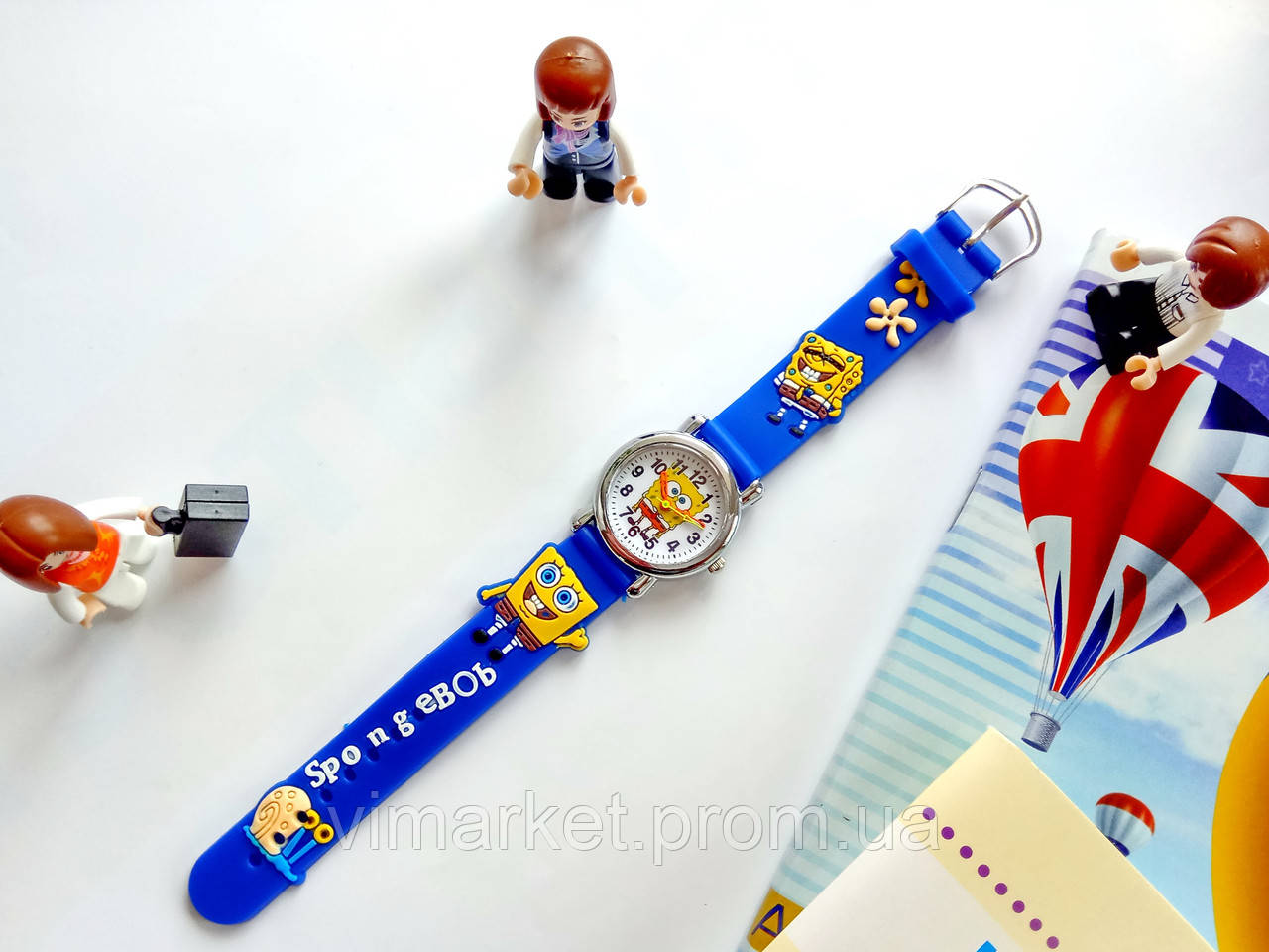 Дитячі наручні годинники Sponge Bob Square Pants (губка боб) на силіконовому ремінці, корпус хром, синій