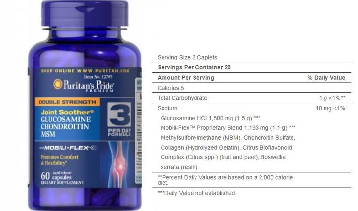 Глюкозамін хондроїтин МСМ Puritans Pride Double Strength Glucosamine Chondroitin&MSM 60 капсул., фото 3
