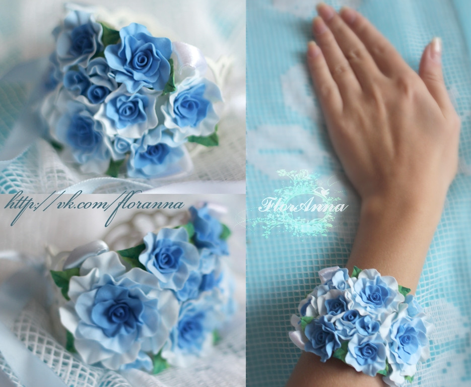 "Блакитні кучеряві трояндочки" браслет з квітами з полімерної глини.