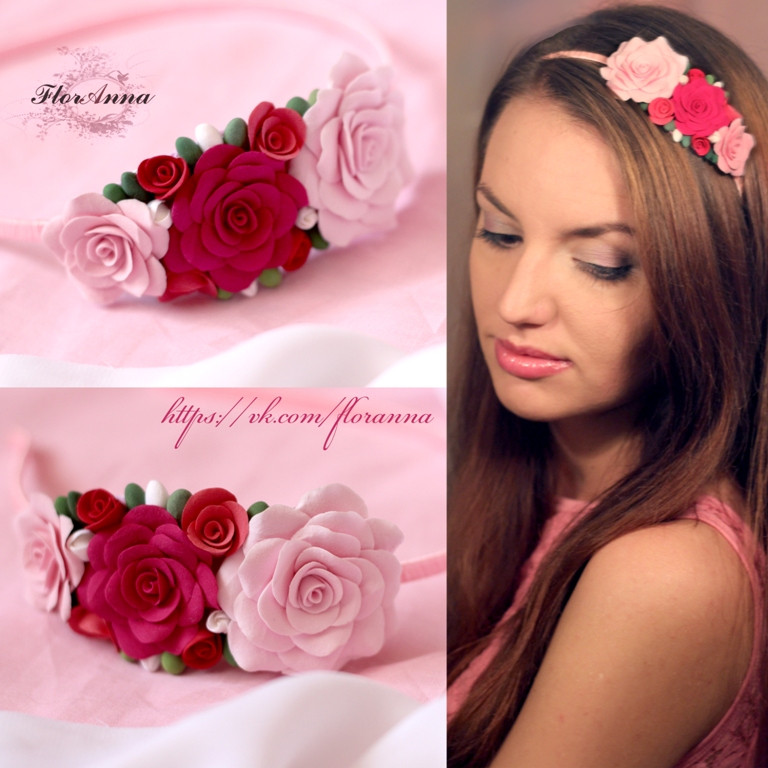 Обруч для волосся ручної роботи з рожевими трояндами з полімерної глини