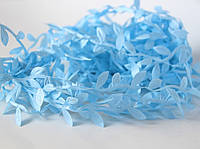 Лента голубая декоративная с листочками, тканевая лента с голубыми листочками, листочки голубые, цена за метр